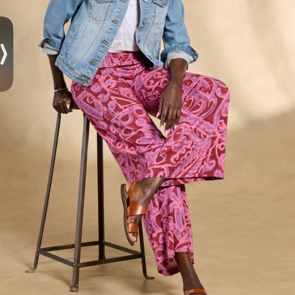 Sundance Pink Purple Batik Print Wide Leg Smocked Pants Viscose Petite Large h5